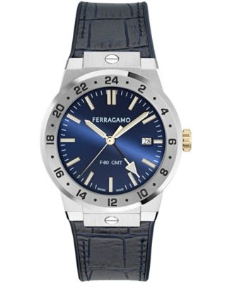 Men's Silver Stainless Steel Leather Strap GMT Watch 41mm