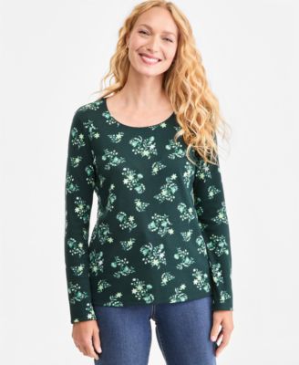 Petite Floral-Print Long-Sleeve Scoop Neck T-Shirt