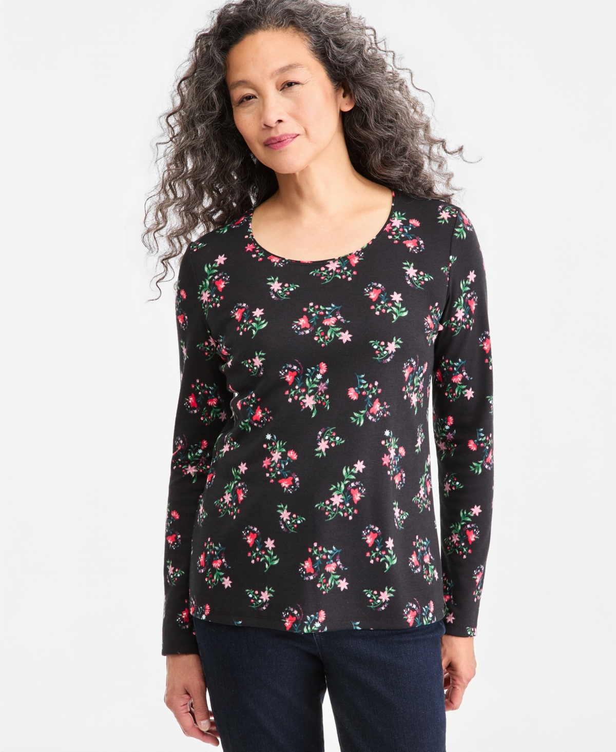 Style & Co Petite Floral-Print Long-Sleeve Scoop Neck T-Shirt, Macy's Exclusive