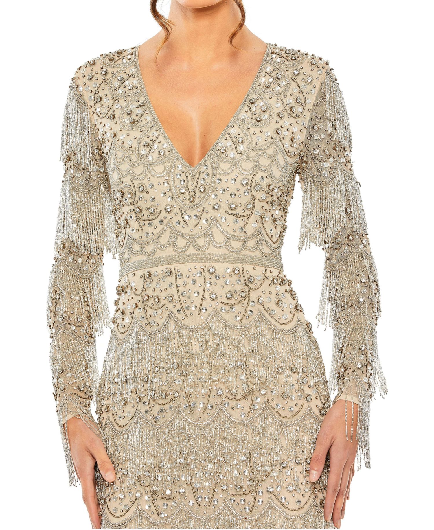 Women's V-Neck Long-Sleeve Beaded Gown