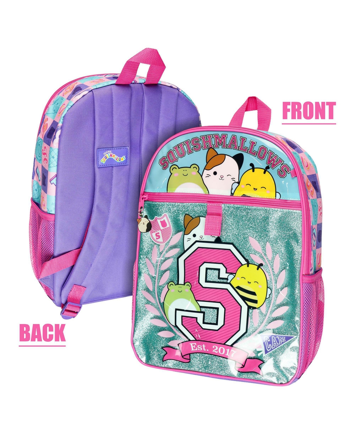 Squishmallows Backpack 16 Inch Squad 5 Piece Set Bookbag with Detachable Lunch Box