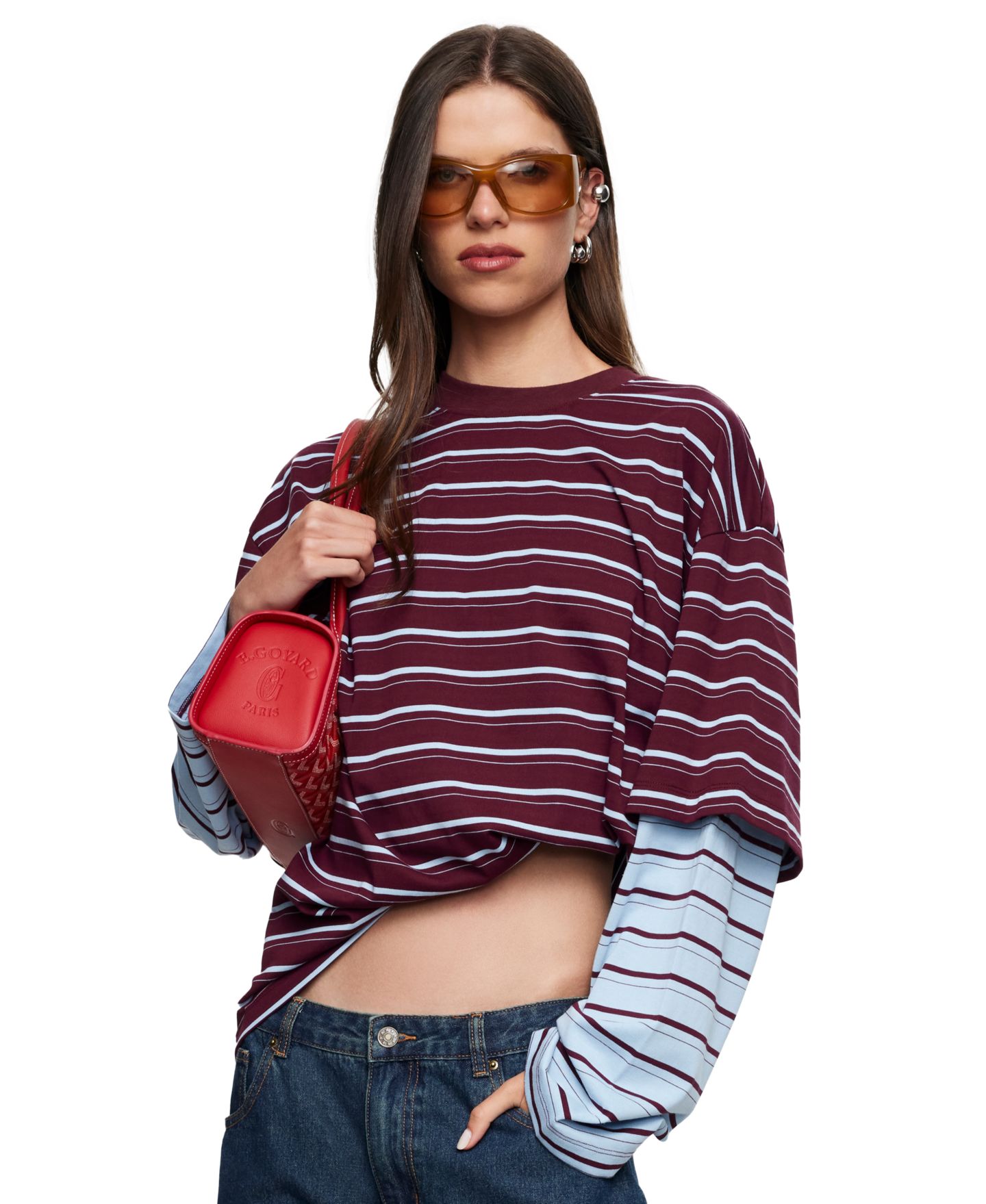 Женская футболка Lioness Striped Bottega Oversized Long-Sleeve Cotton-Blend, цвет: Бордовый небесно-голубой полосатый — фото 3
