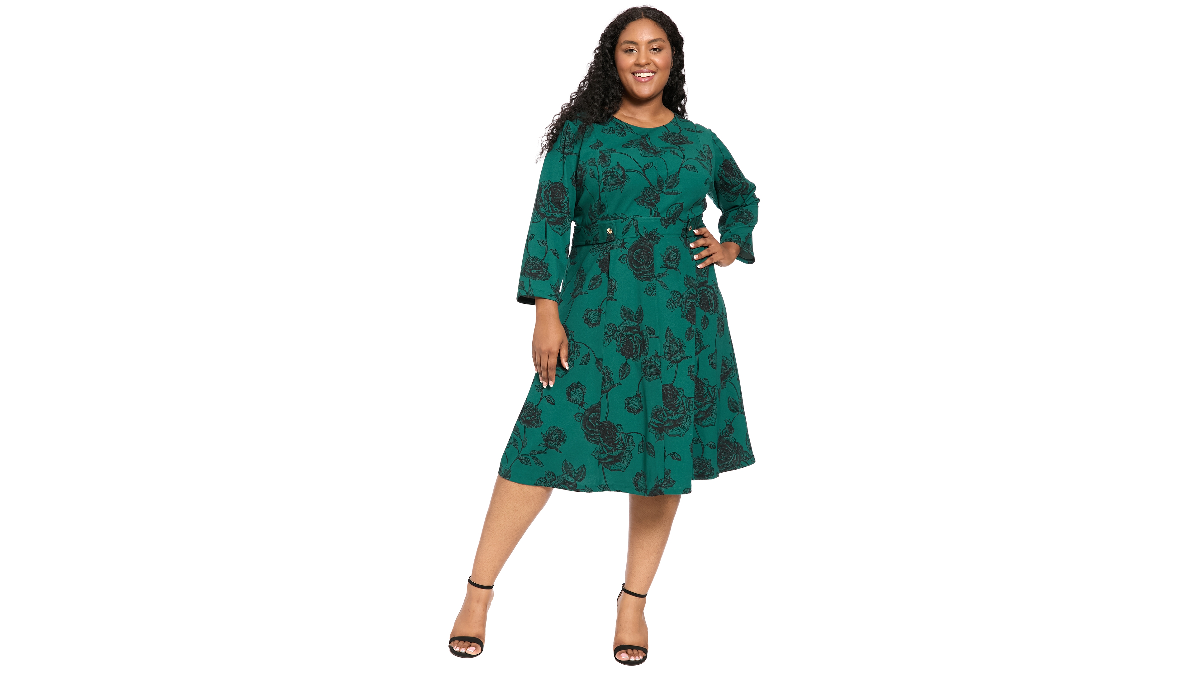 London Times Plus Printed Side Tab Floral 3/4-Sleeve Midi Dress