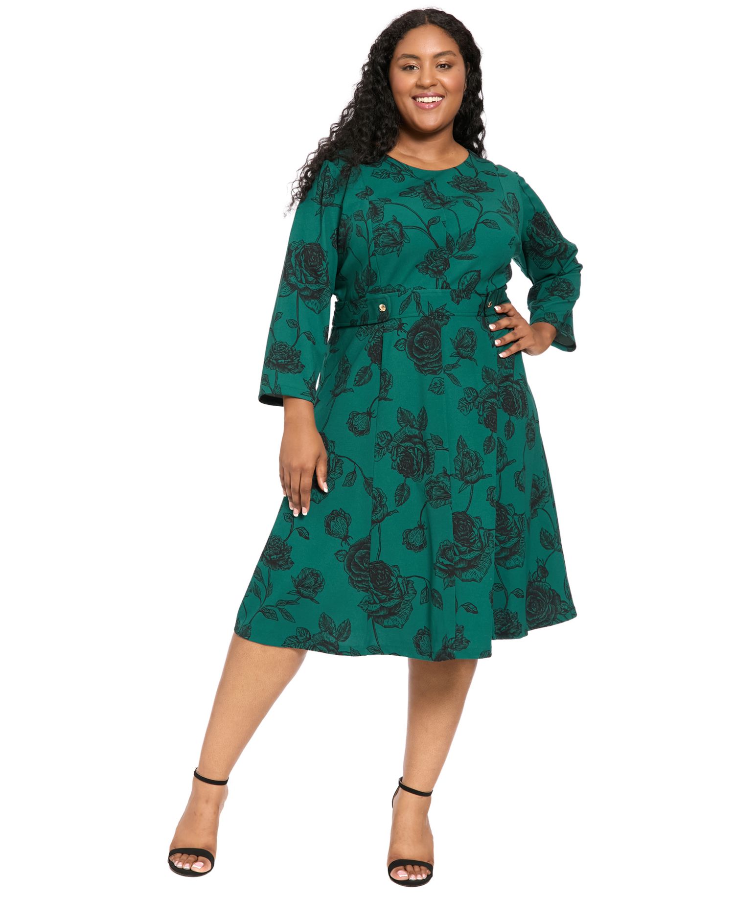 Plus Size Printed Side Tab Floral 3/4-Sleeve Midi Dress