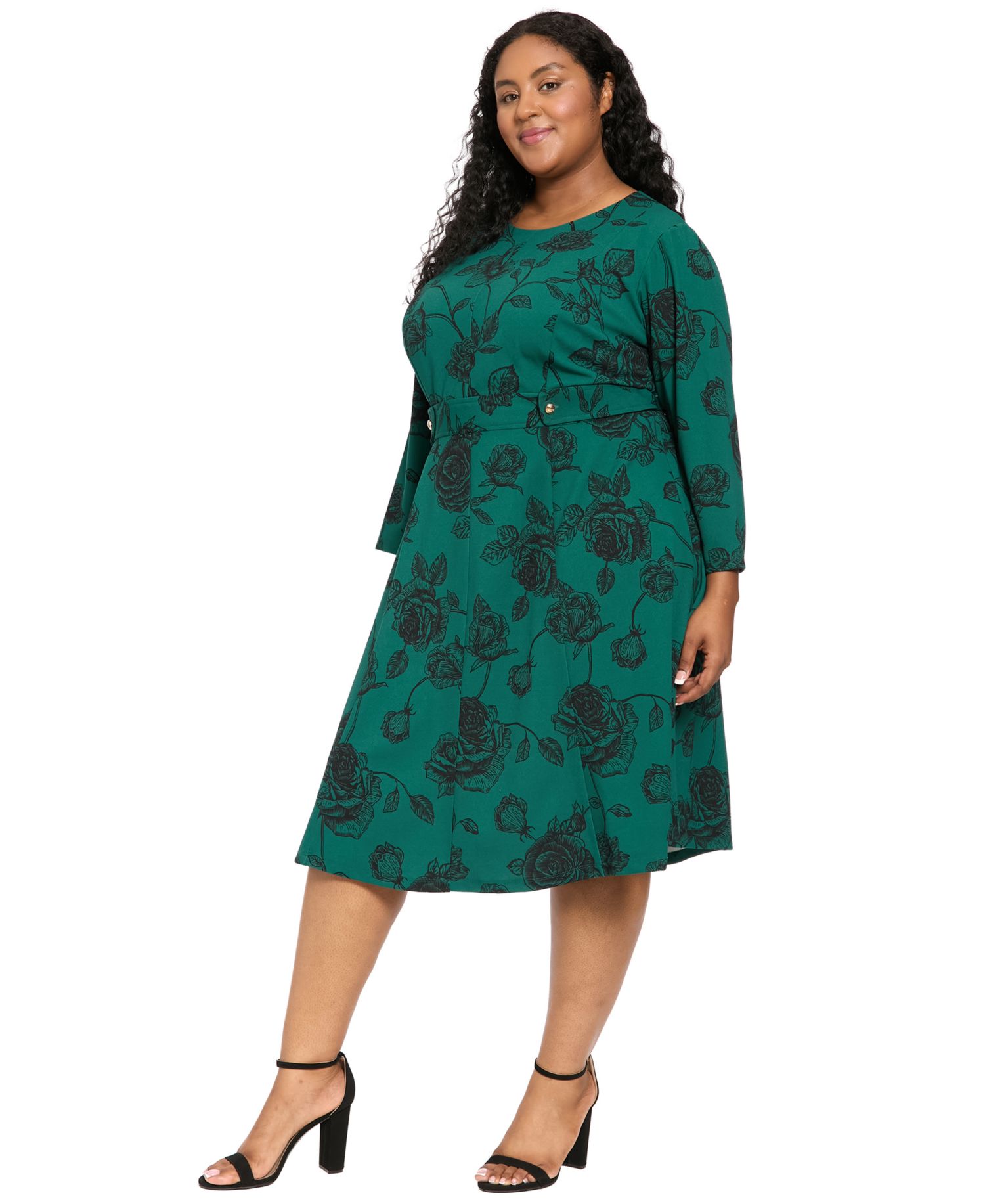 Plus Size Printed Side Tab Floral 3/4-Sleeve Midi Dress