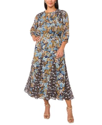 Plus Size Keyhole 3/4-Sleeve Floral-Print Chiffon Maxi Dress