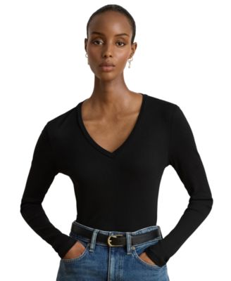 Women's Rib-Knit Long-Sleeve V-Neck Top