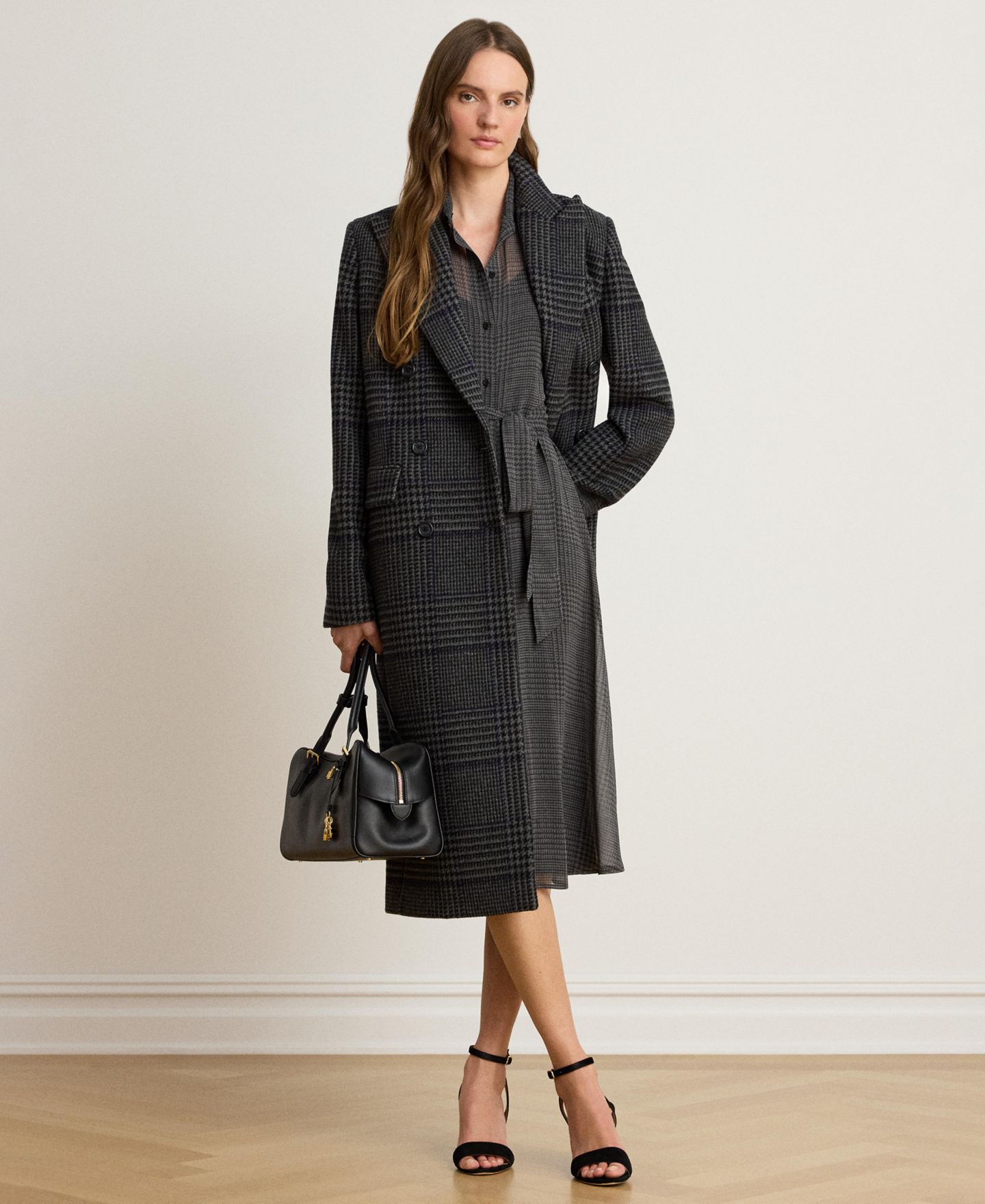 Женское платье Lauren Ralph Lauren Plaid Belted Midi Chiffon Shirt Dress, цвет: Серый / Чёрный — фото 3