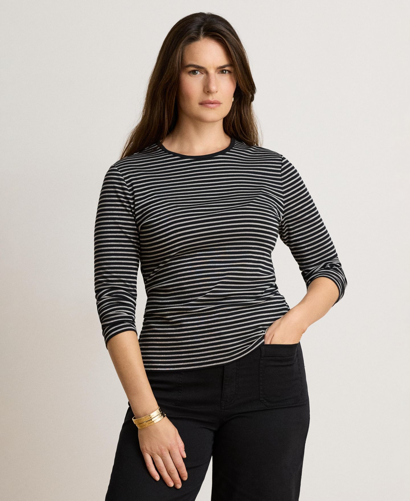 Женская футболка Lauren Ralph Lauren Striped Cotton-Blend Long-Sleeve, цвет: Чёрный / Оловянный — фото 2
