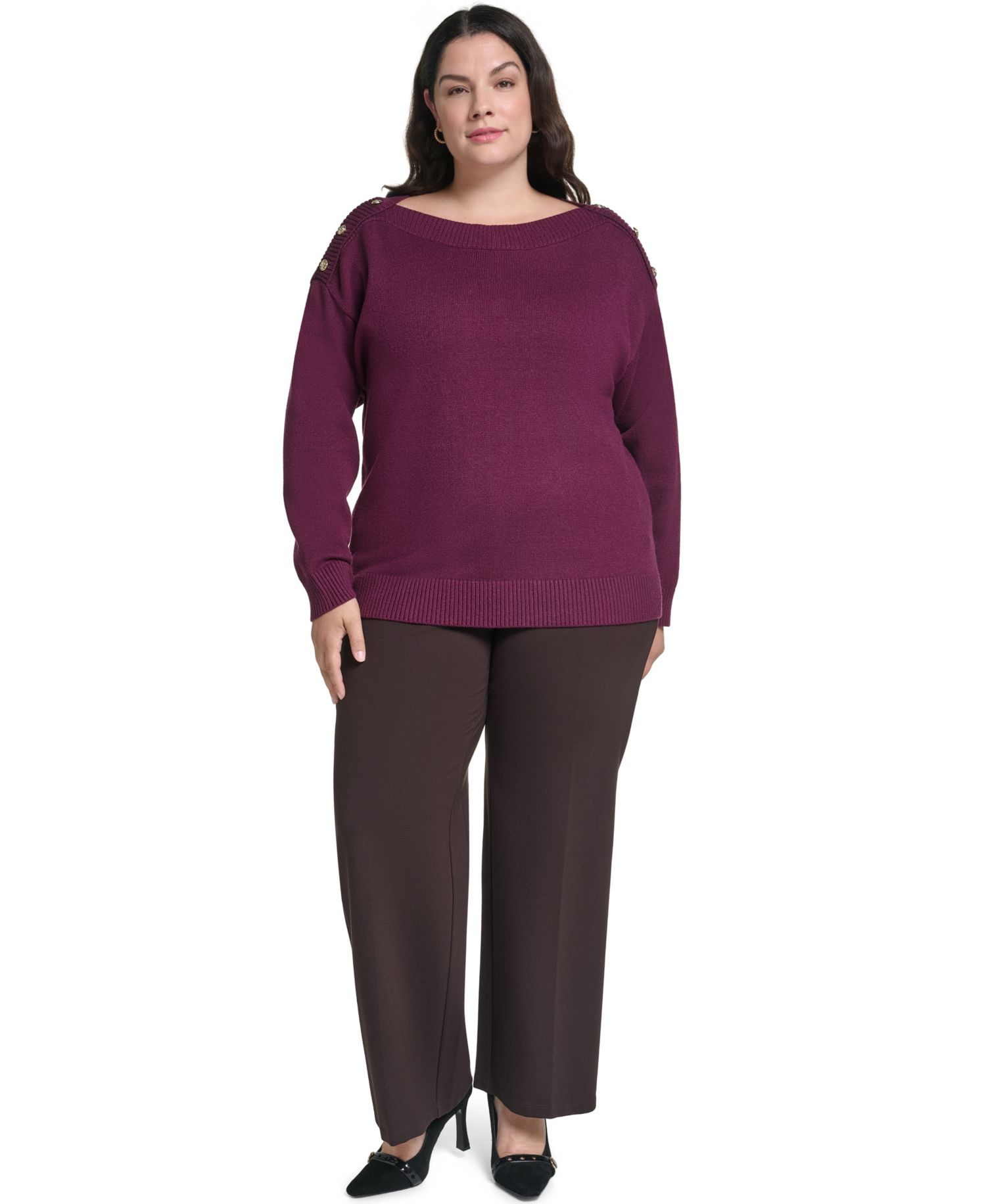 Plus Size Boatneck Button Shoulder Overlay Sweater