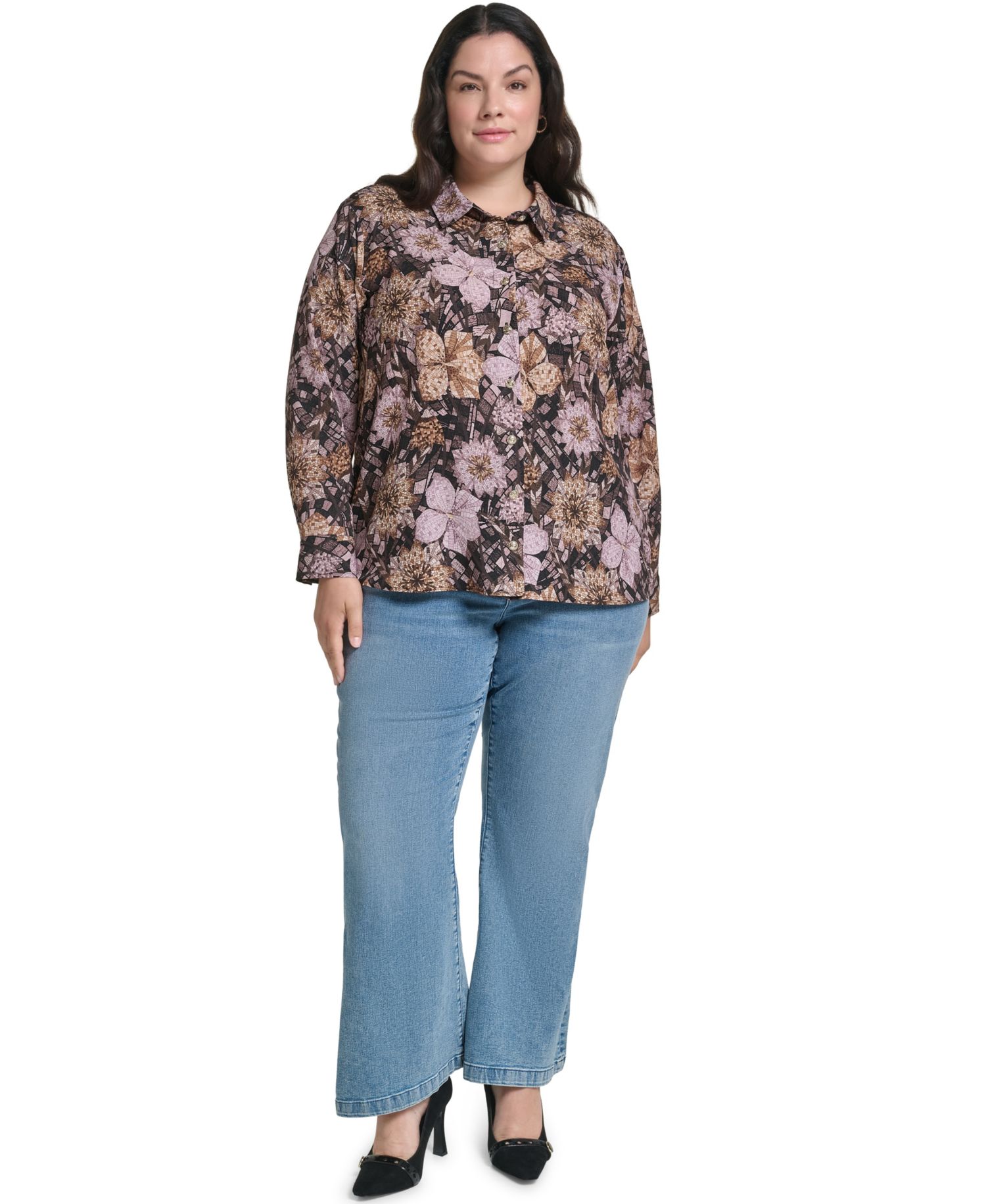 Plus Size Geo Floral Long-Sleeve Button-Up Woven Blouse