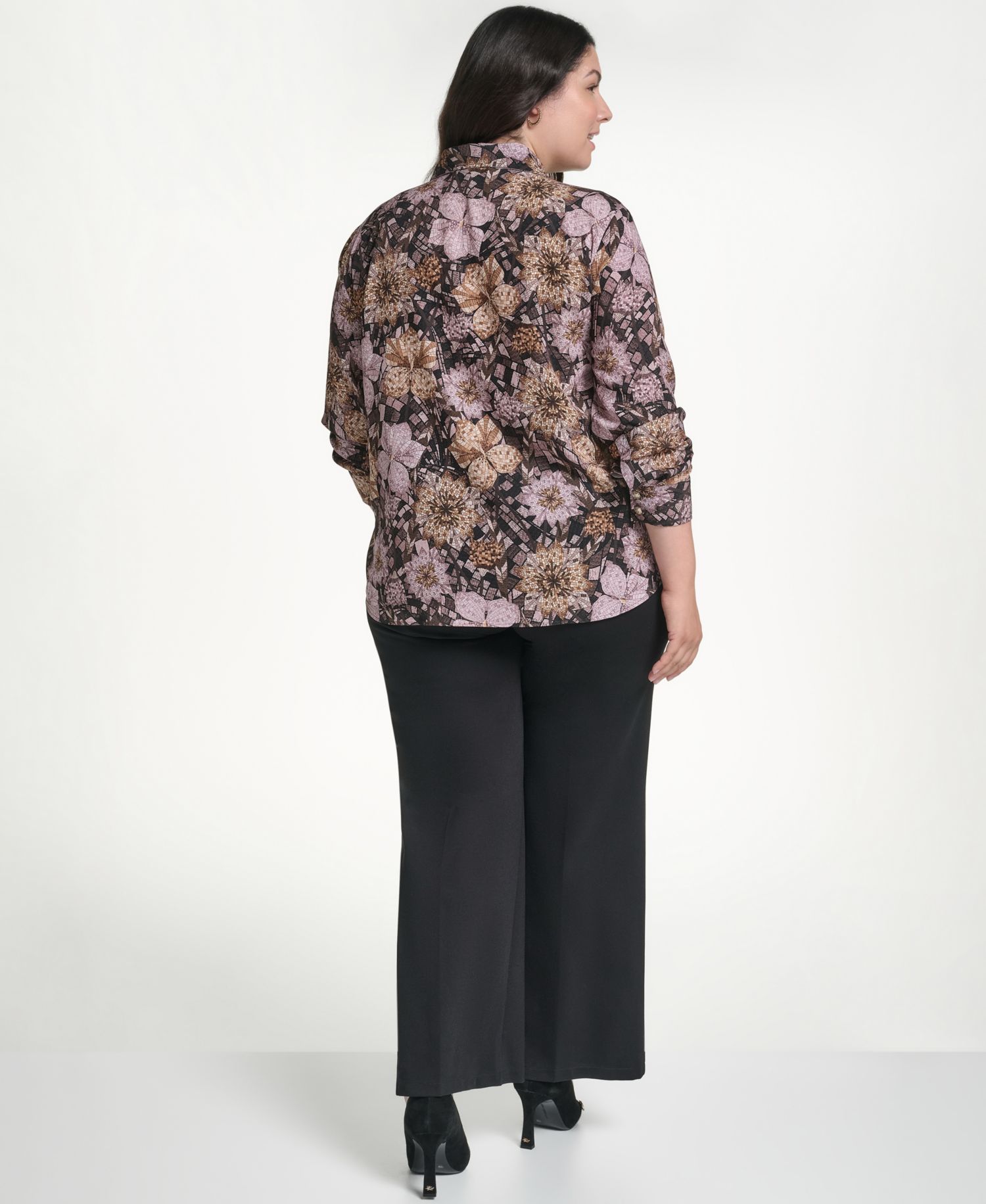 Plus Size Geo Floral Long-Sleeve Button-Up Woven Blouse