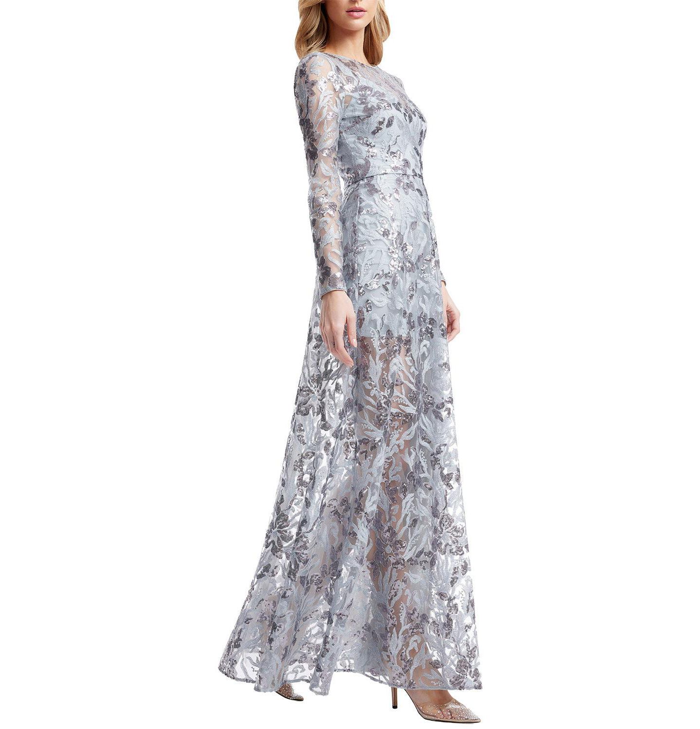 Женское платье Dress the Population Ava Long-Sleeve Floral-Sequin Gown, цвет: Светлый ледяной синий — фото 4