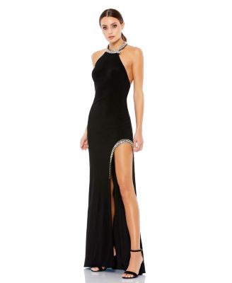 Women's Rhinestone-Accented Halter High Slit Gown
