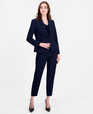 Women's One Button Strip Shoulder-Pad Blazer, Ruffle-Front V-Neck Short-Sleeve Blouse and Straight-Leg Mid-Rise Elastic-Back Pants