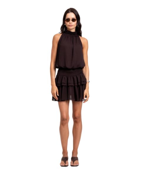 Женское платье TORN BY RONNY KOBO Leah Halter Tiered-Ruffle Plisse Chiffon Mini, цвет: Какао