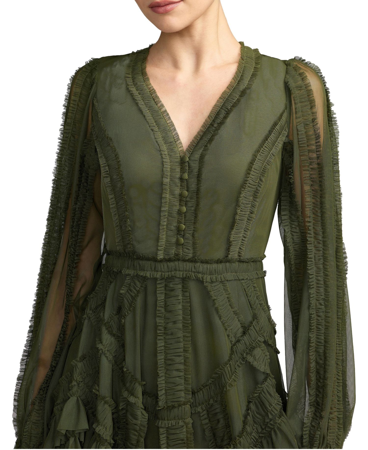 Women's Long-Sleeve Mesh Ruffle Midi Dress