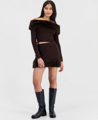 Juniors' Marilyn Faux Fur Off-the-Shoulder Sweater & Sweater Mini Skirt