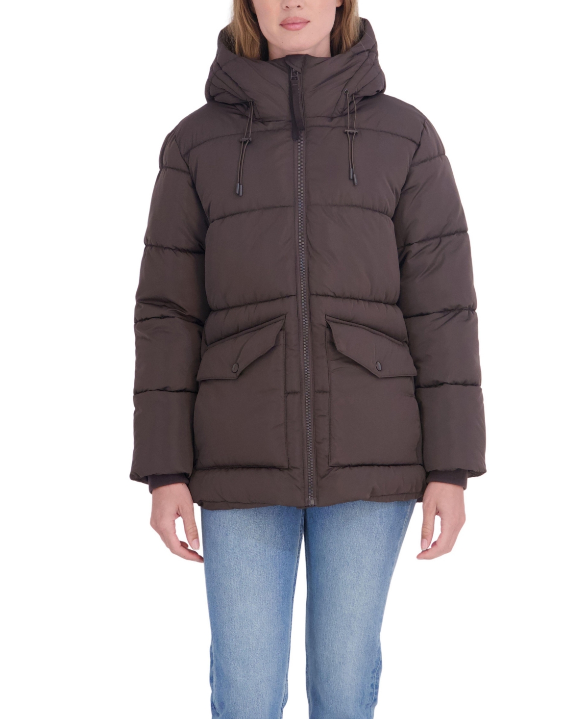 Sebby Collection Women's 3/4 Hooded Puffer Coat - Brown