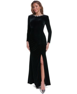 Women's Long-Sleeve Embellished Jewel Neck Mermaid Velvet Gown