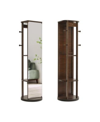 Solid Rubberwood Rotating Full-Length Mirror Jewelry Armoire Cabinet with Multi-Functional Hooks and Storage Organizer, Freestanding