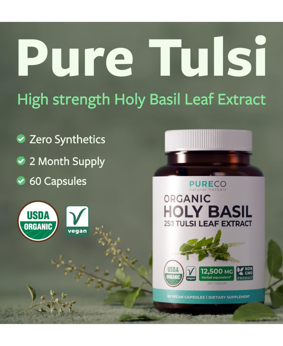 Pure Co Holy Basil Extract Capsules, 25:1 Holy Basil Tulsi Extract, 500 Milligram, 60 Capsules
