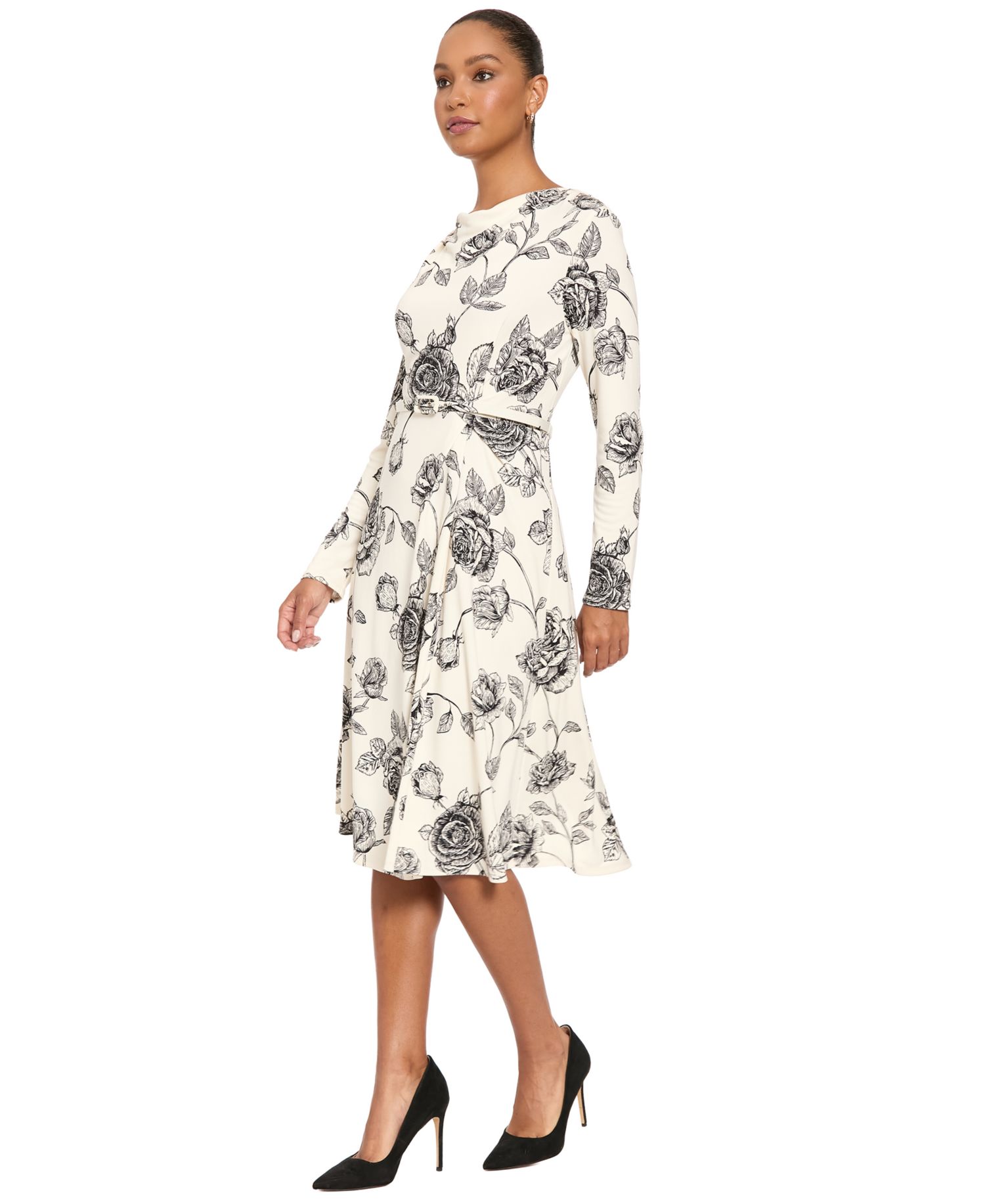Women's Floral-Print Long-Sleeve Cowl Neck Midi Dress