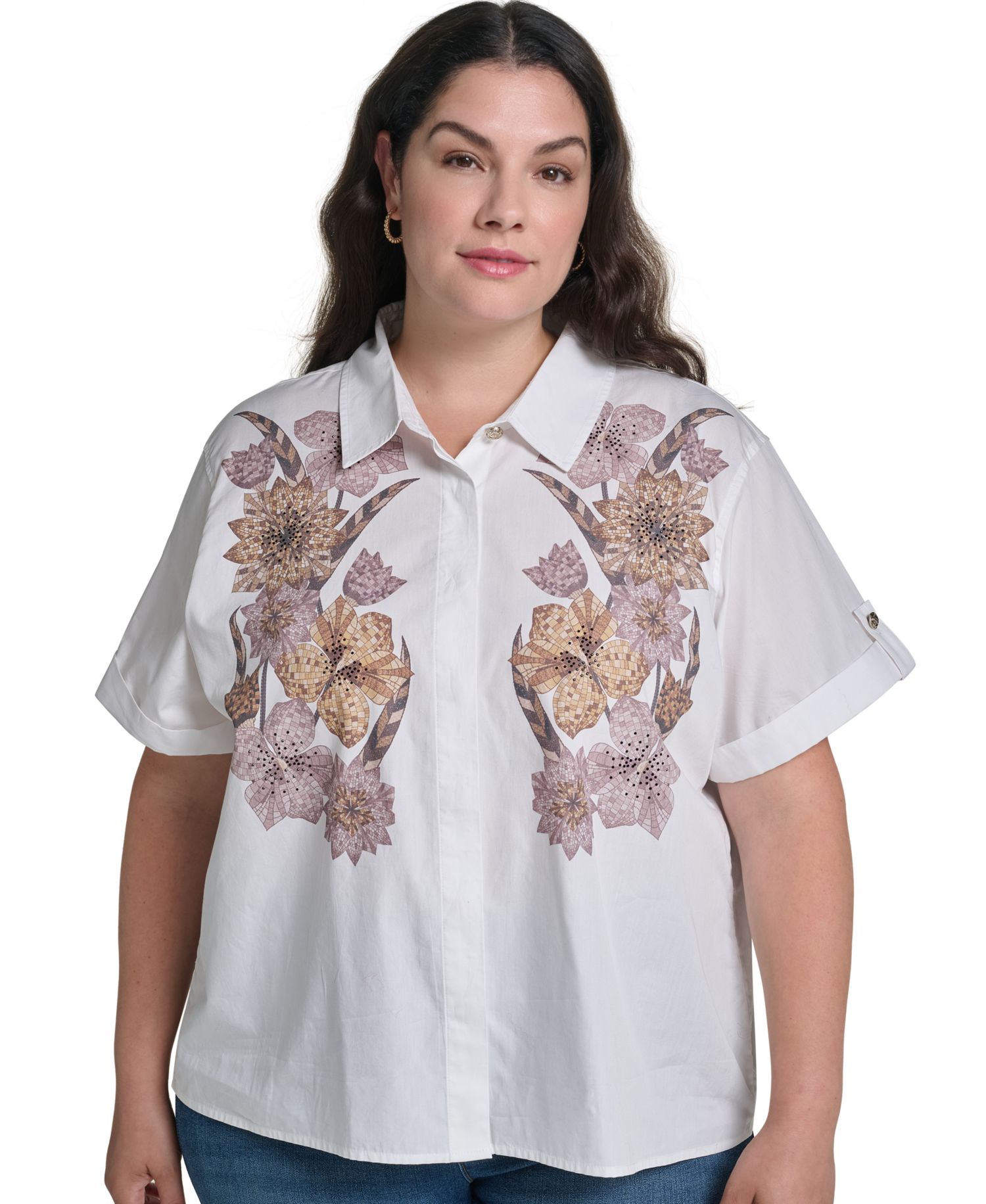 Plus Size Floral Short-Sleeve Collared Blouse