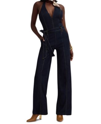 Women's Emory Sleeveless Halter Wide-Leg Denim Jumpsuit