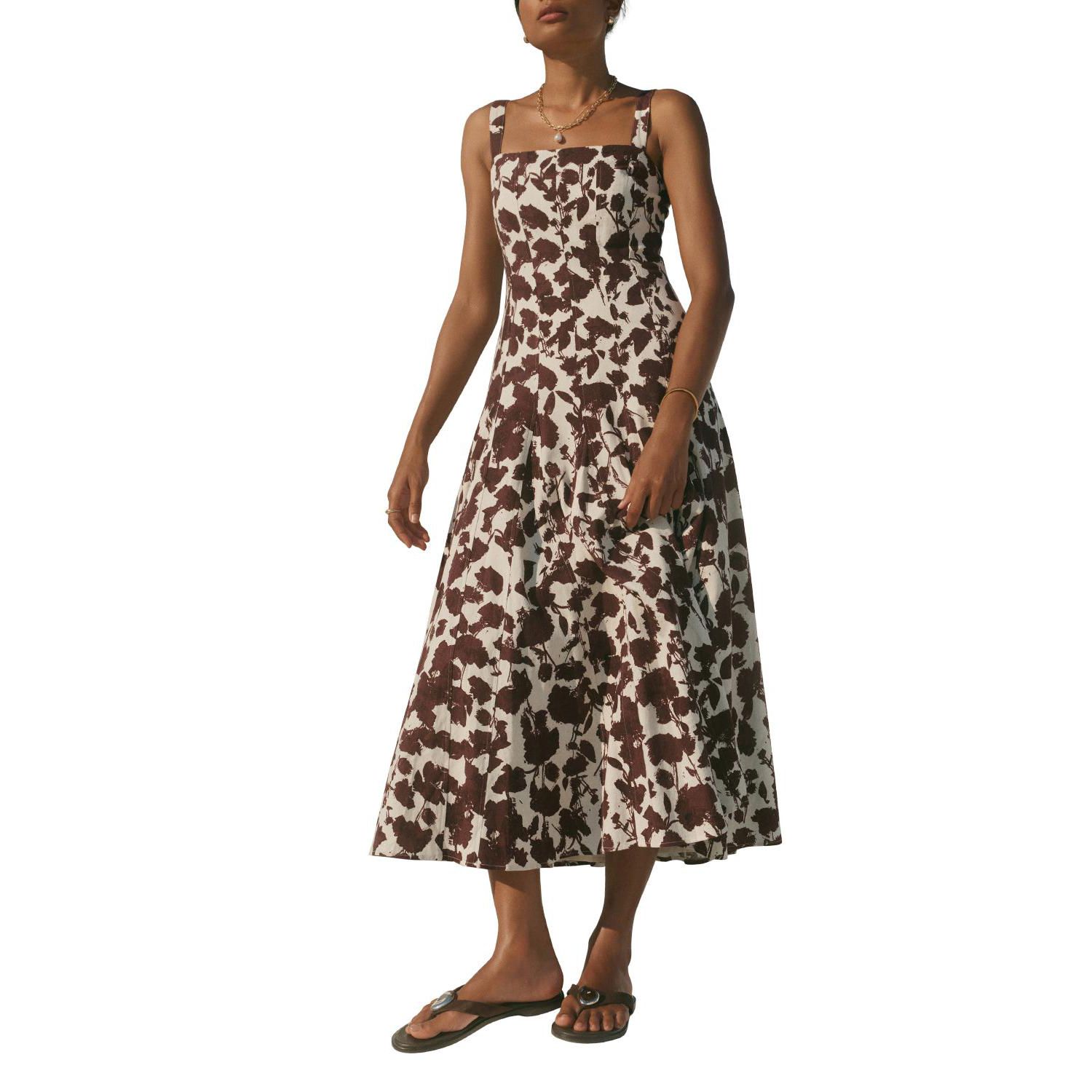 Women's Floral-Print Sleeveless A-Line Linen-Blend Midi Dress