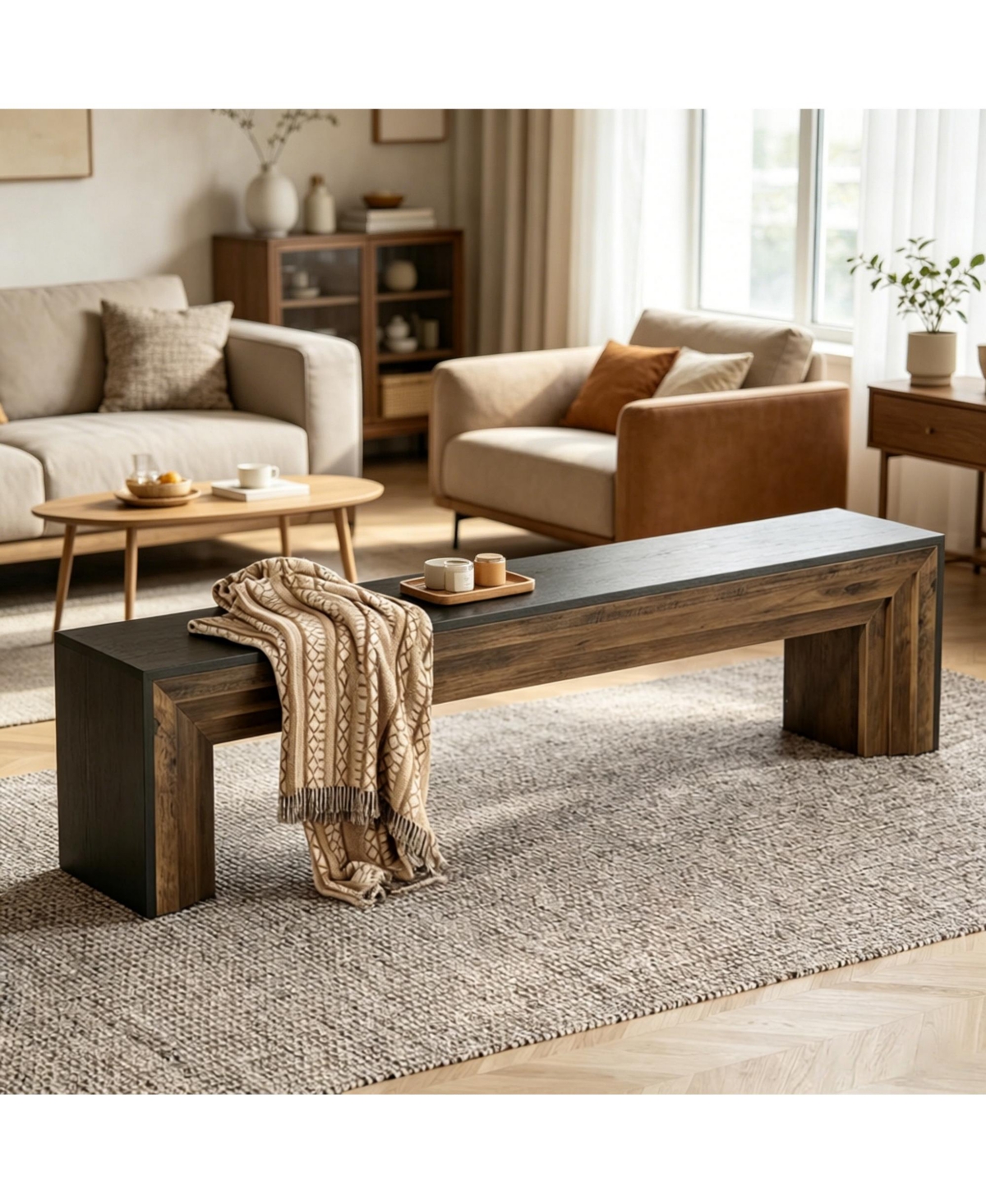 Slickblue Modern Rustic Entryway Bench with Brown Wood Finish and Black Edges
