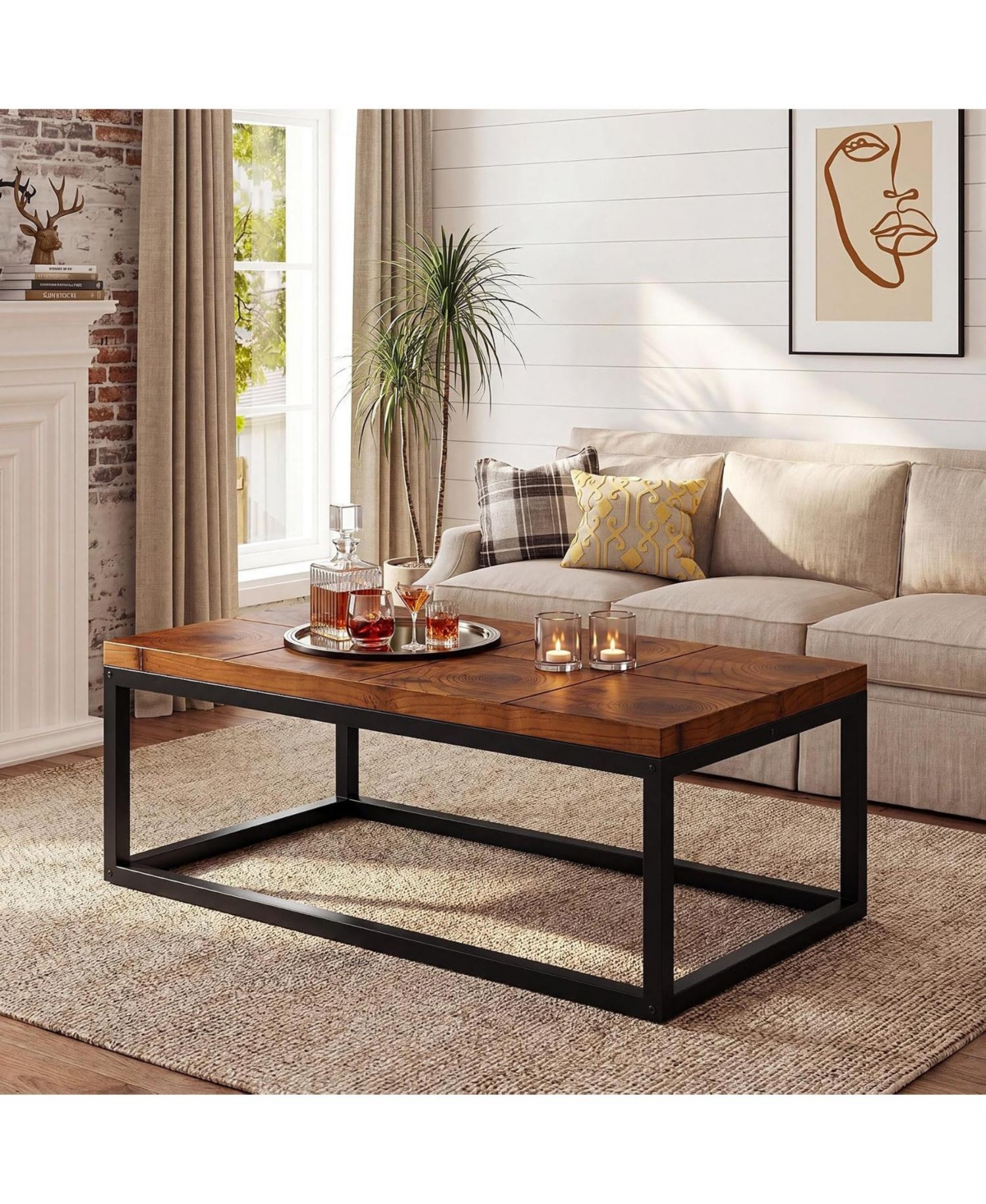 Tribesigns 47'' Coffee Table with Metal Frame, Rectangle Solid Wood
