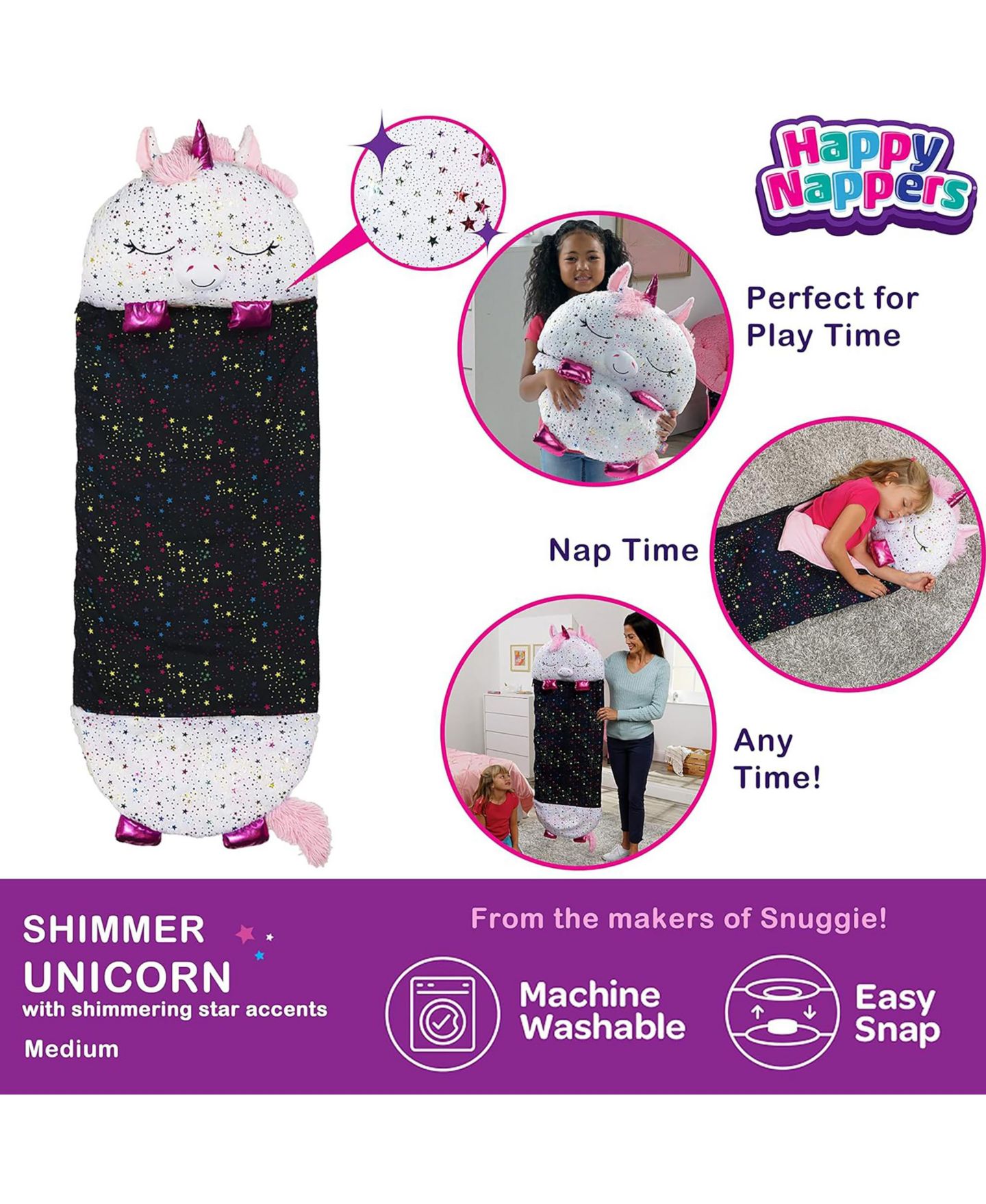 Детские мягкие игрушки Happy Nappers Shimmer Unicorn Medium Weighted Pillow and Sleepy Sack — фото 3