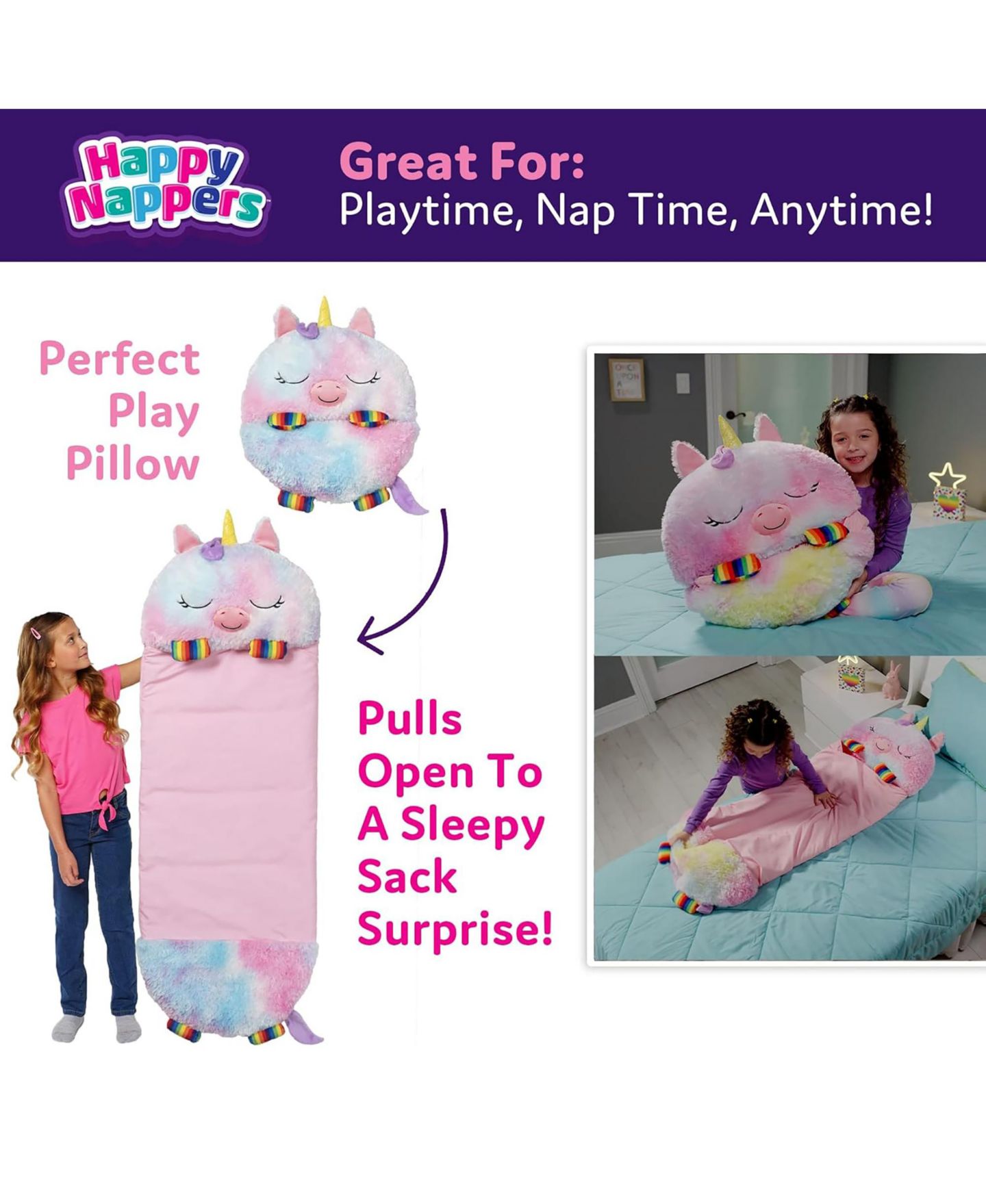Детская мягкая игрушка Happy Nappers Rainbow Unicorn Large Pillow-and-Sleeping-Bag Weighted Plush — фото 3