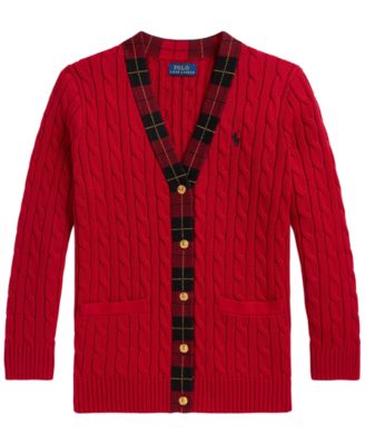 Girls' 7-16 Plaid-Trim Cable-Knit Cardigan