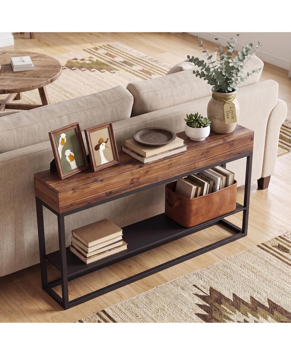 Tribesigns 63" Solid Wood Narrow Console Table, 3-Tier Storage Shelves