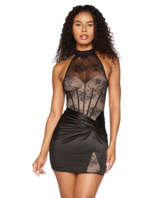 Juniors' Lace Corset Mock-Neck Dress