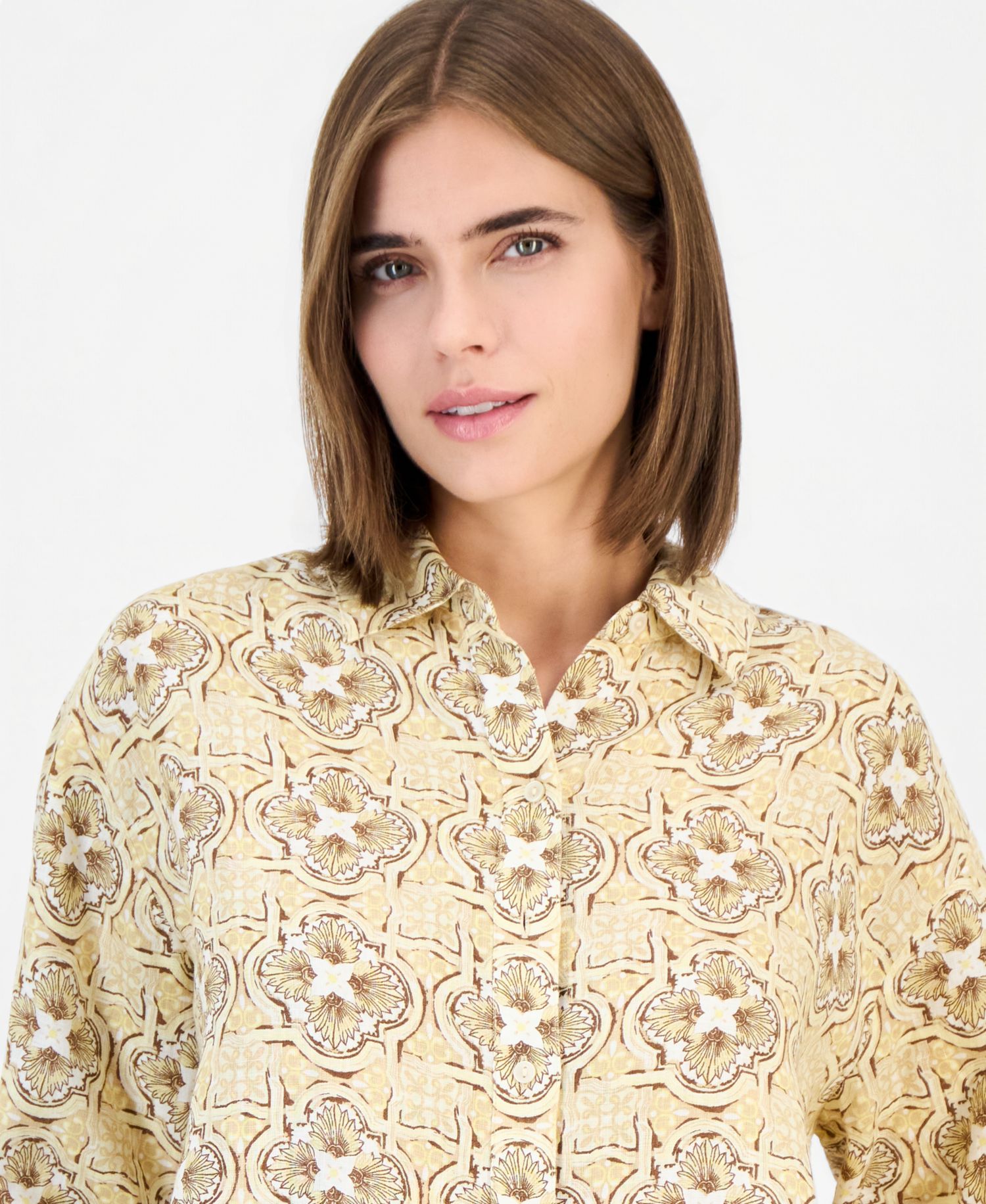 Women's Button-Front 3/4-Sleeve with Roll Tab 100% Linen Tunic