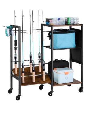 12 Rod Mobile Fishing Rod Rack with Storage Shelves and 6 Locking Caster Wheels