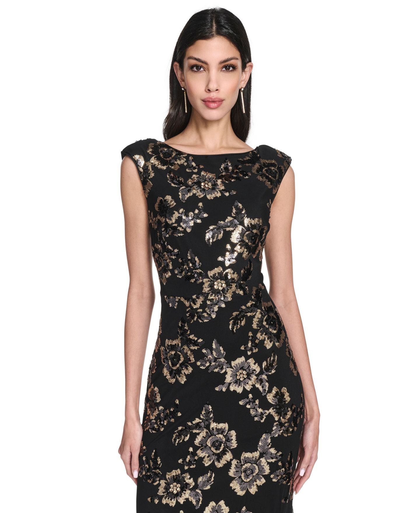 Женское платье Eliza J Petite Sequin Boat Neck Gown, цвет: Чёрный золотой — фото 3