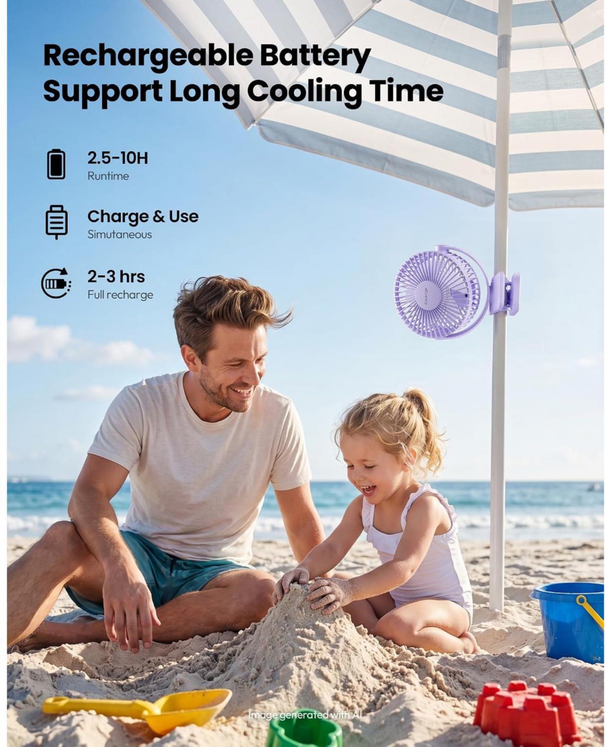 Gaiatop Portable Clip on Fan Battery Operated, 3 Speed Quiet 360degree(s) Rotate, Usb Rechargeable Mini Personal Cooling Fan for Desk Table