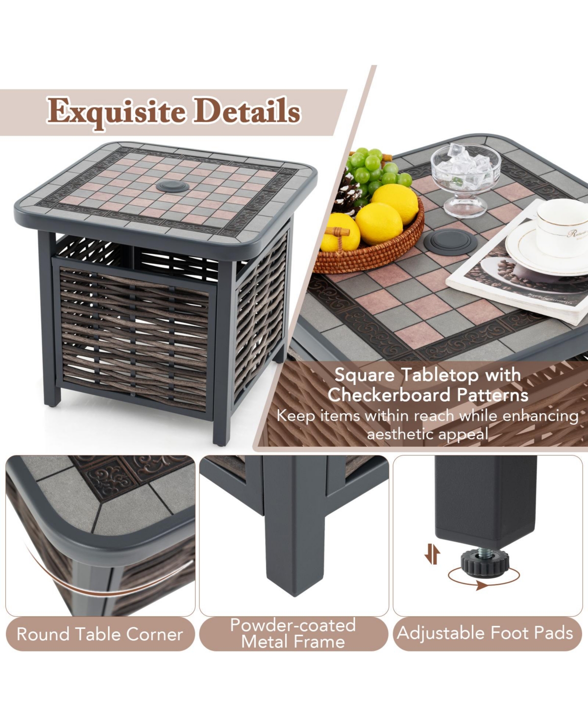 Mecale 21.5 in Square Pe Rattan End Table with 1.5 in Umbrella Hole