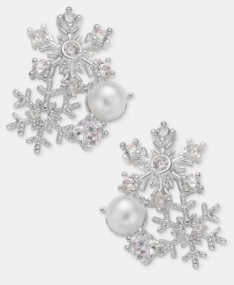 White Cubic Zirconia and Imitation Pearl Snowflake Cluster Earrings