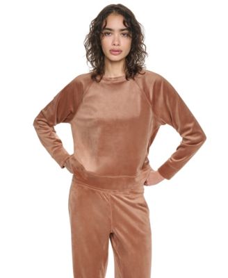 Women's Velour Raglan Long-Sleeve Pullover Top with Metallic Logo Satin Patch