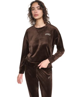 Women's Velour Relaxed-Fit High-Low Crewneck Pullover Top with Varsity Rhinestone Logo