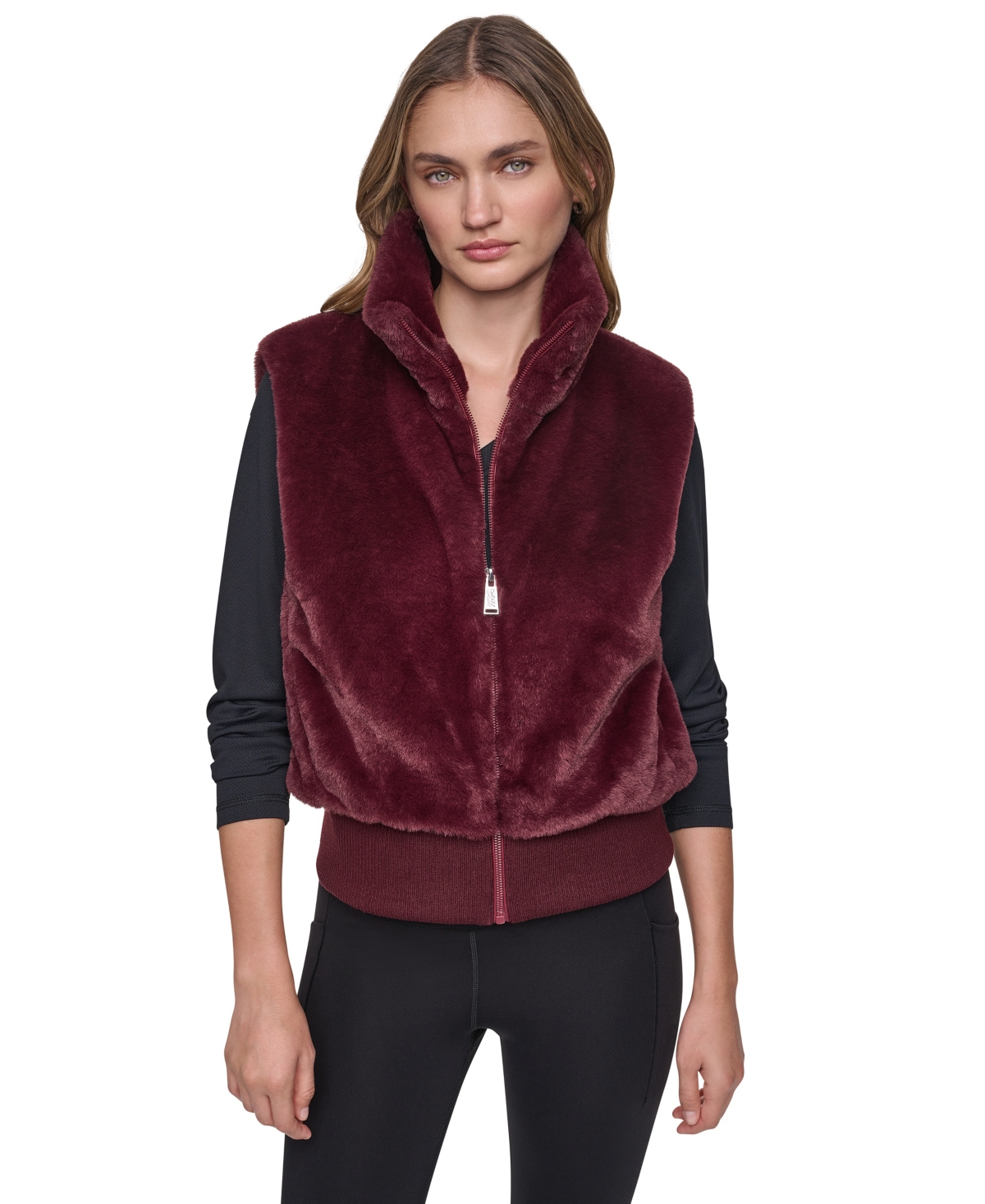 Dkny Sport Women's Mock-Neck Ribbed-Knit Hem Faux Fur Vest - Claret