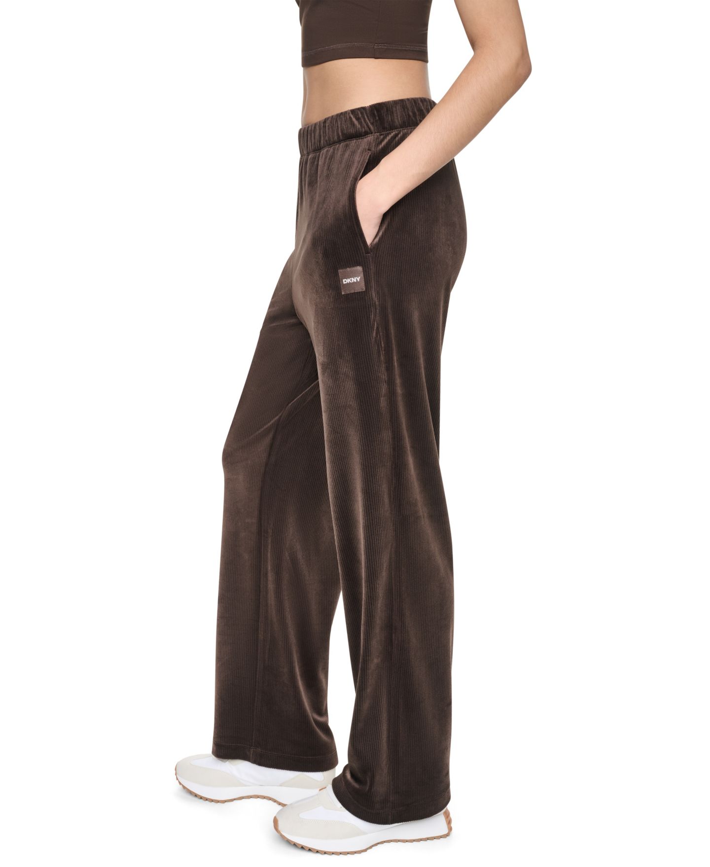 Женские брюки DKNY Sport High-Rise Ribbed Super-Soft Velour Straight Leg, цвет: Чёрный — фото 20