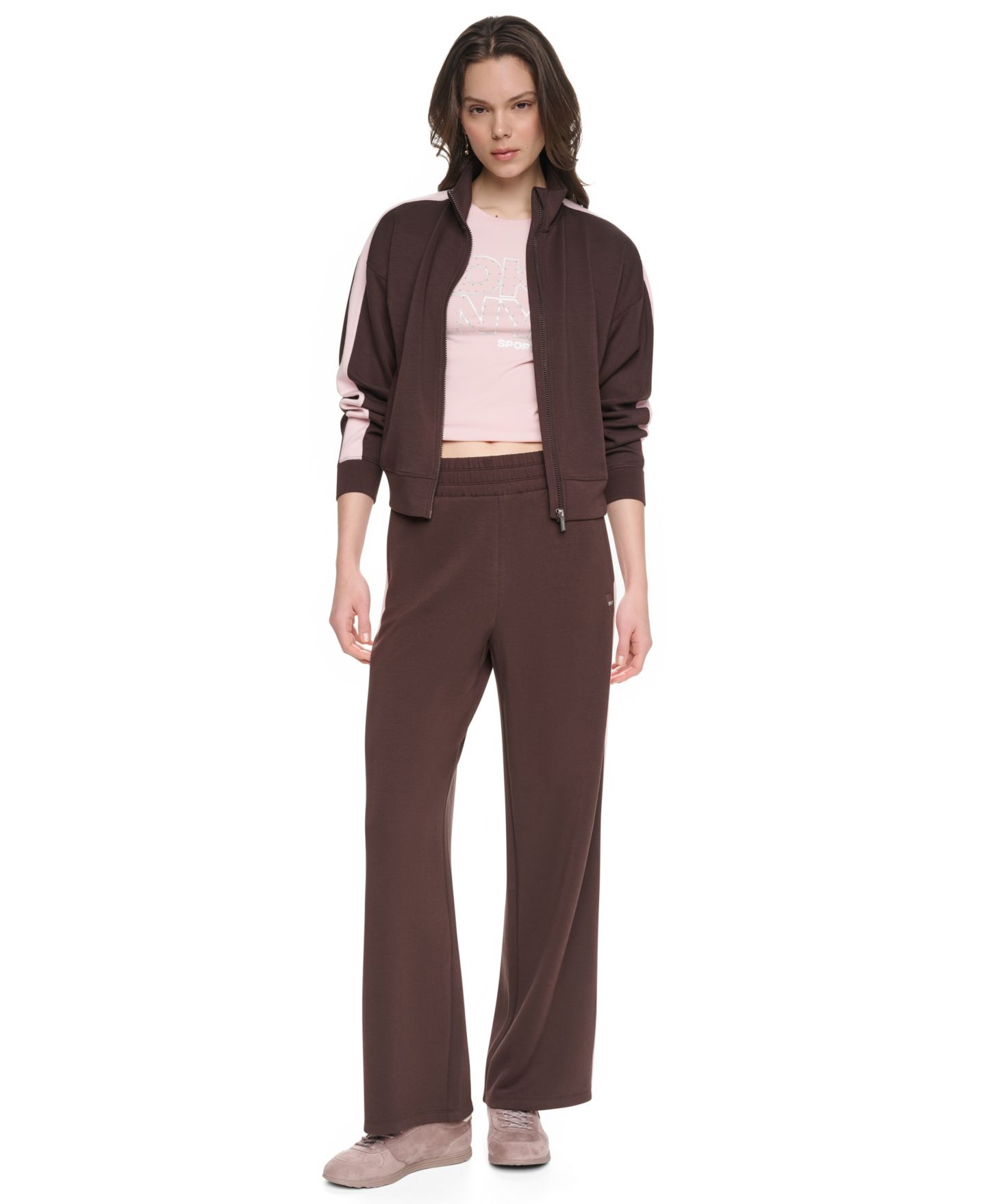 Женские брюки DKNY Sport High-Rise Modified Wide-Leg Side-Stripe, цвет: Чёрный / Сливочный — фото 8