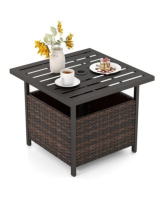 22 in Steel Slat Side Table with Umbrella Hole and Wicker Storage