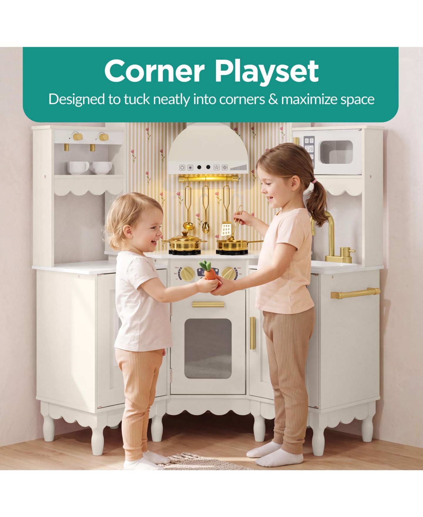 Детская игрушка Best Choice Products Cottage Corner Wooden Play Kitchen, Ages 3+, цвет: Кремовый — фото 4